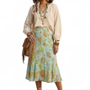 Vintage M.D.L. 90s Y2K Fairycore Blue Floral Gold Shimmer Midi Skirt